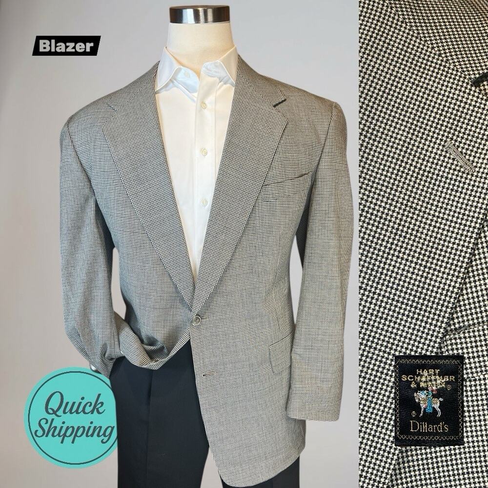 Hart Schaffner Marx 46L Black Tan Houndstooth Blazer Sport Coat Virgin Wool